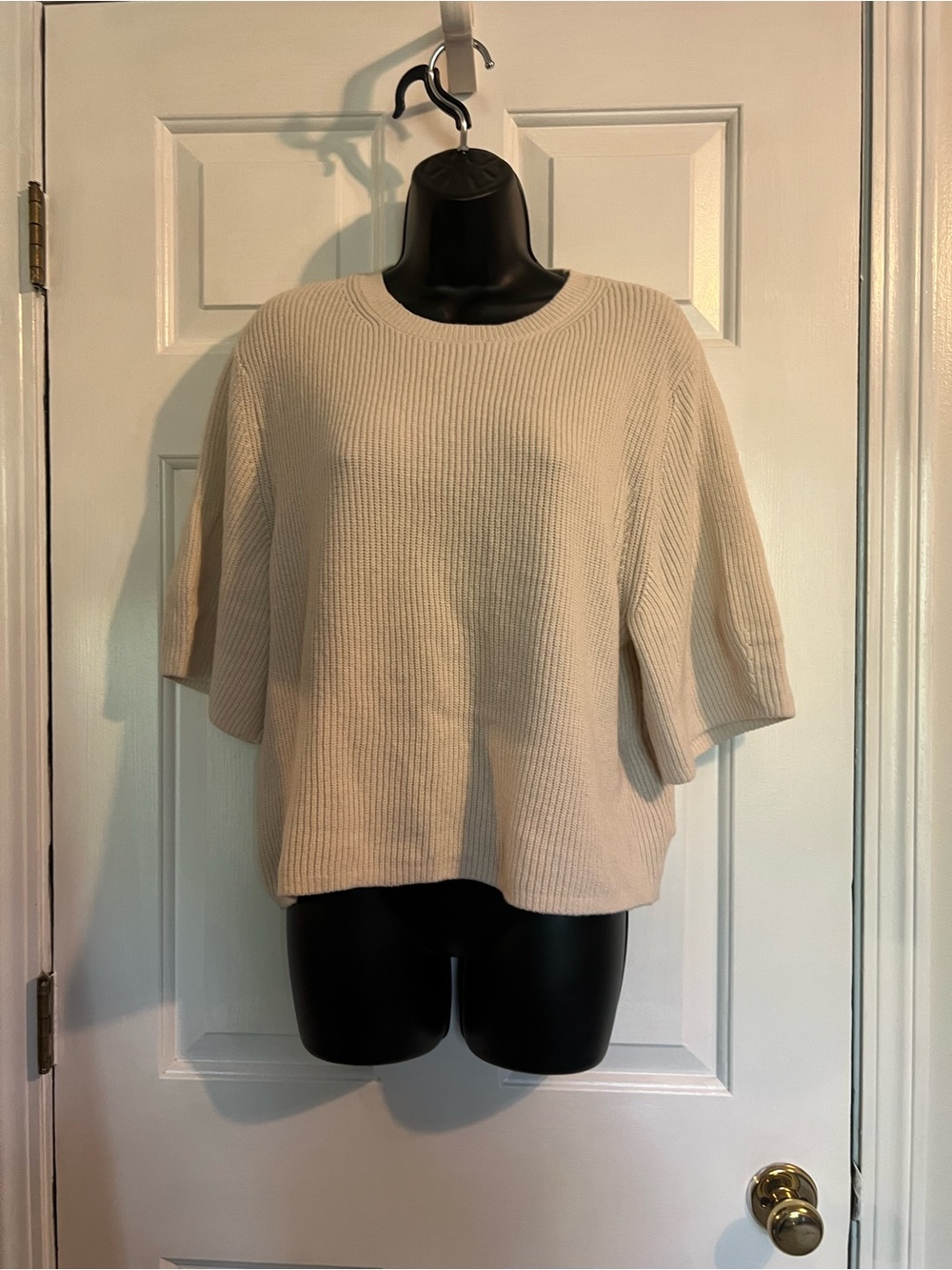 LOFT Cream Ribbed Short Sleeve Sweater Top
